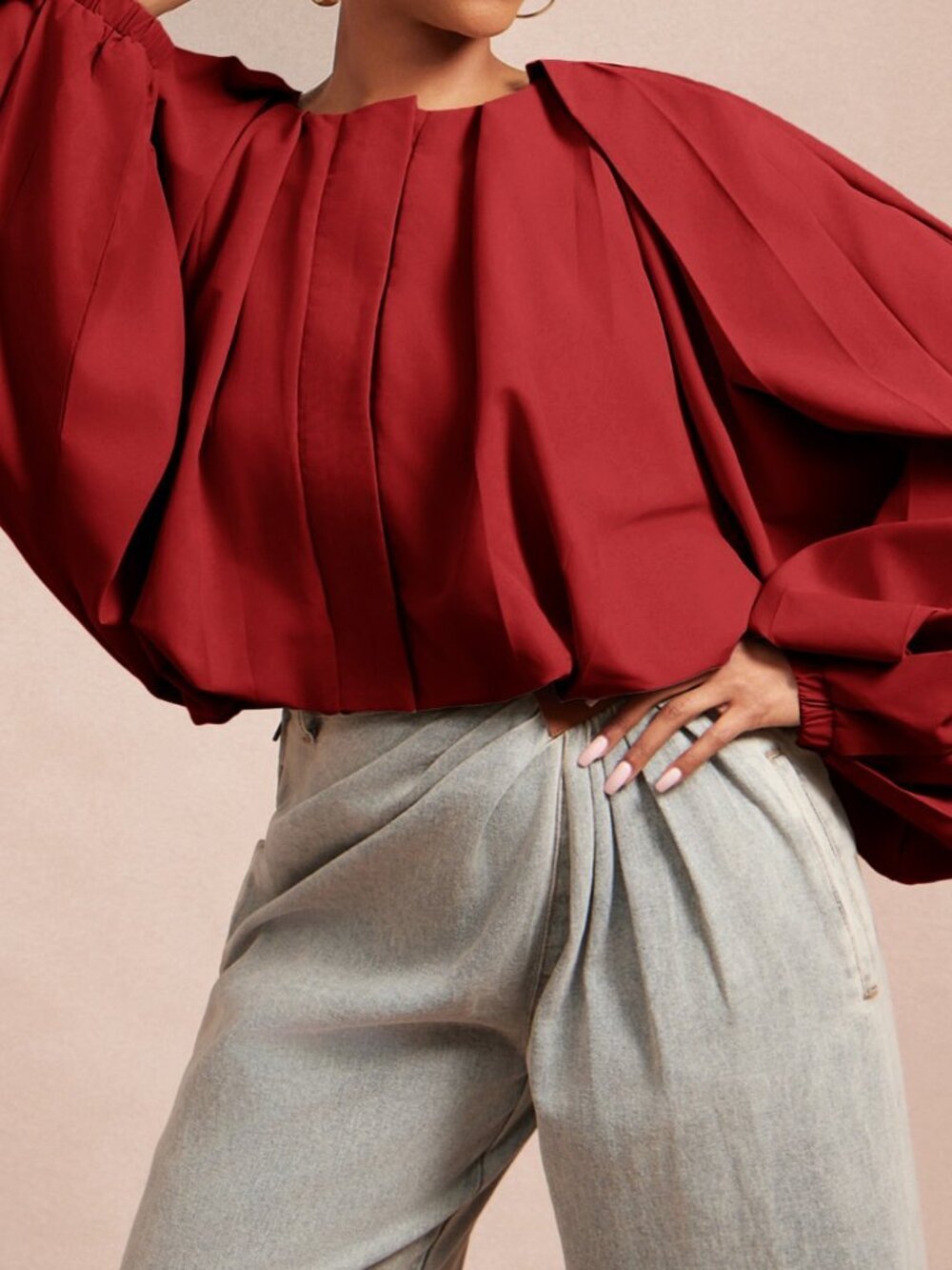 Red Elegant Women's Fold Pleated Lantern Sleeve Jacket